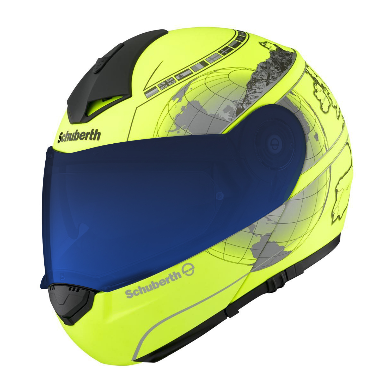 Schuberth C3 Pro Fluorescent Yellow Europe with SV1 Blue Mirrored Visor and Pinlock70 - 57